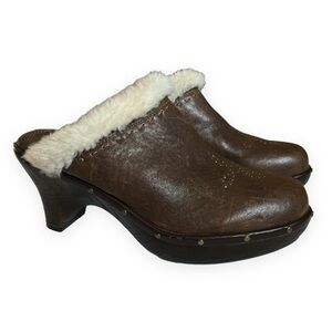 Sonora Brown Studded Clog Distressed Leather Upper Embellished Nailhead Faux Fur